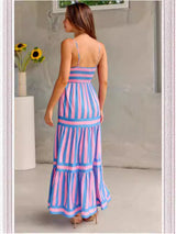 Charlotte|| Summer Striped Printed Suspender Long Dress With Pockets Fashion Square Neck Backless Dresses For Beach Vacation Women Clothing