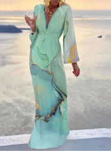 Printed V-neck Chiffon Beach Dress