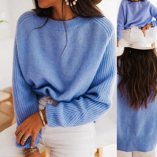 Milk Blue Bedford Cord Sweater Women's Round-collar Long-sleeve Knitwear