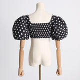 Woman Square-neck Puff Sleeve Top High Waist Slit Polka Dot Printed Dress Suit