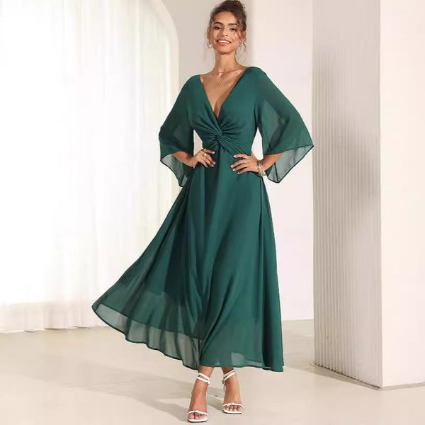 Scarlett|| Solid Color V-neck Bell Sleeve Extra Long Dress