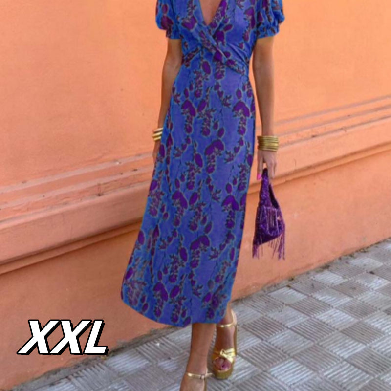 Women's Fashion Color Contrast Printed Long Elegant Slim V-neck Short Sleeve Dress