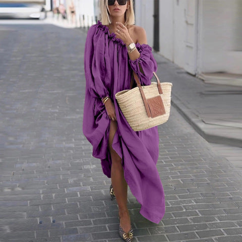 Independent Station Casual Solid Color Large Size Loose Long Sleeve Dress