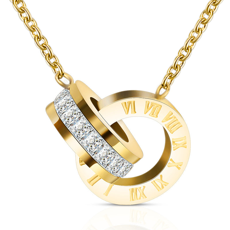 Double Ring Diamond Roman Numeral Necklace