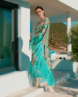 Aqua Bloom Fringed Satin Kaftan Dress