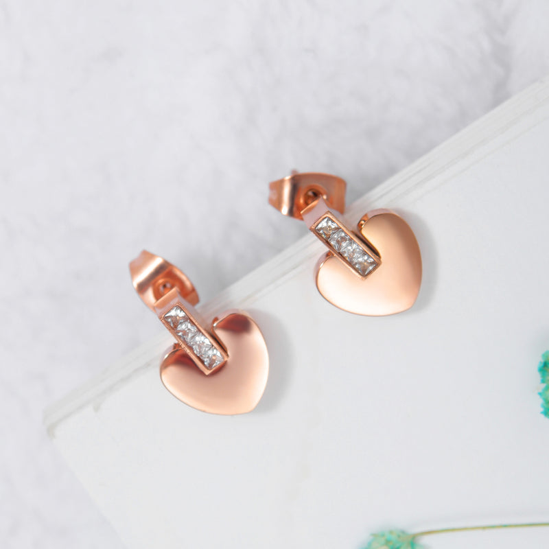 Titanium Steel Rose Gold Heart Zircon Stud Earrings