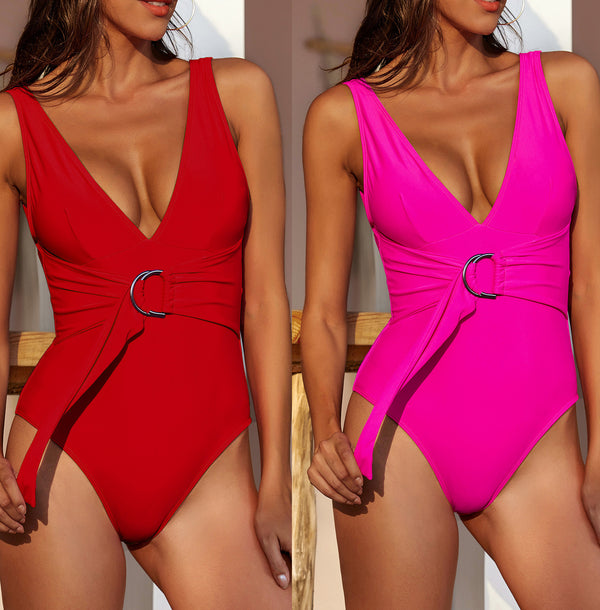 Hot Pink/Red One Piece Belt Ring Swimwear V Neck