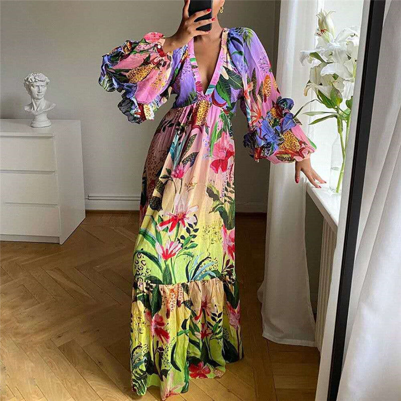 Printed Gradient Color Ruffled V-neck  Slim Super Long