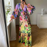 Printed Gradient Color Ruffled V-neck  Slim Super Long