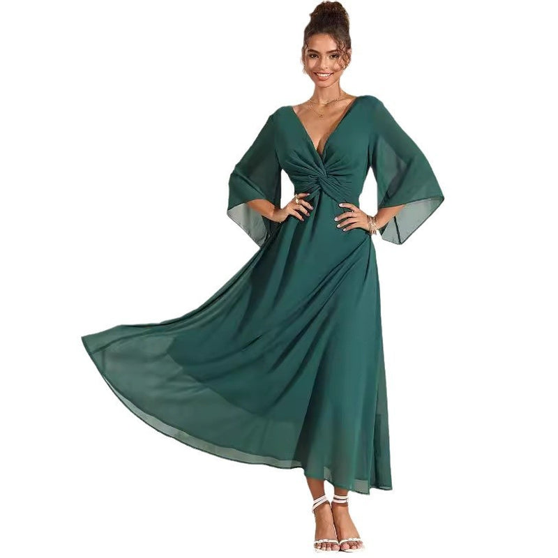 Scarlett|| Solid Color V-neck Bell Sleeve Extra Long Dress