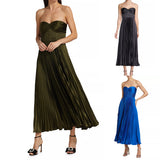 Pleated Wrap Chest Satin Dress