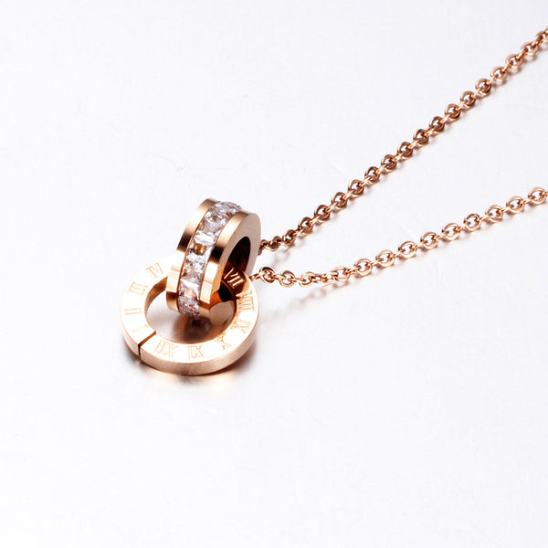 Double Ring Diamond Roman Numeral Necklace