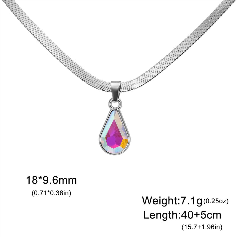 Colorful Crystal Water Drop Pendant Stainless Steel Snake Chain Necklace