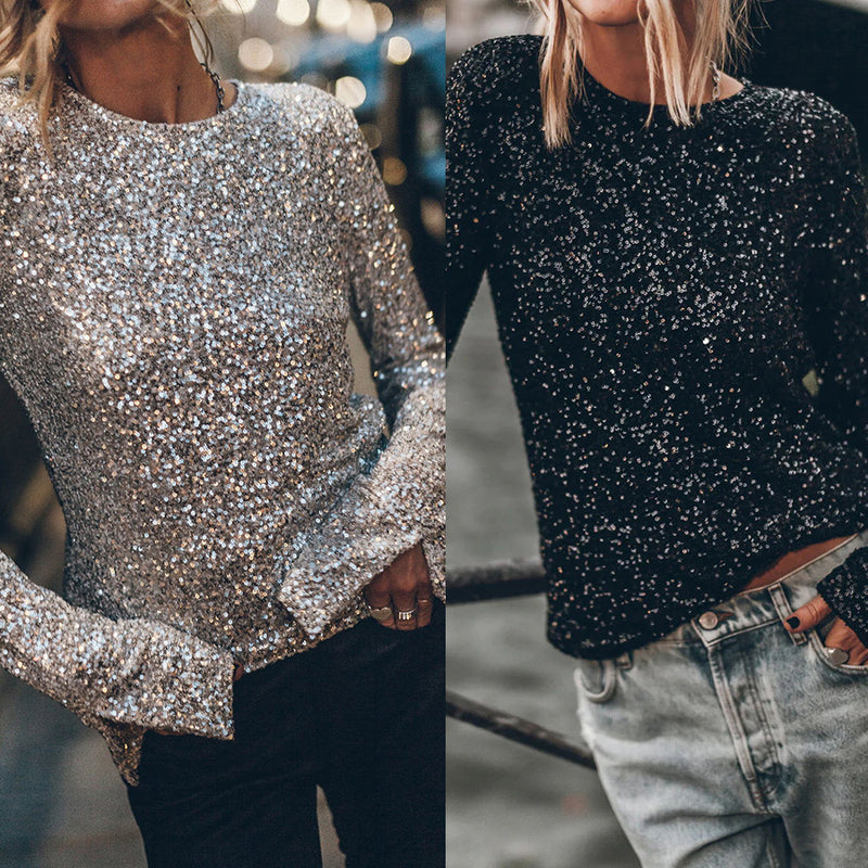 Sequined Long Sleeve Round Neck Top