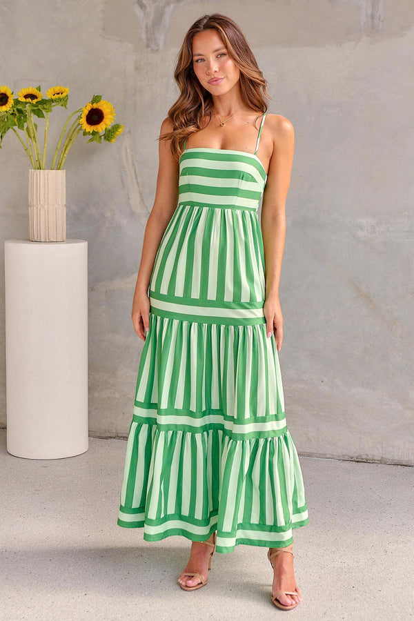 Charlotte|| Summer Striped Printed Suspender Long Dress With Pockets Fashion Square Neck Backless Dresses For Beach Vacation Women Clothing