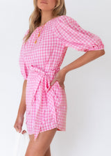 Spring And Summer Plaid Girdle Belt Fold Three-quarter Sleeve Dress Women's Clothing