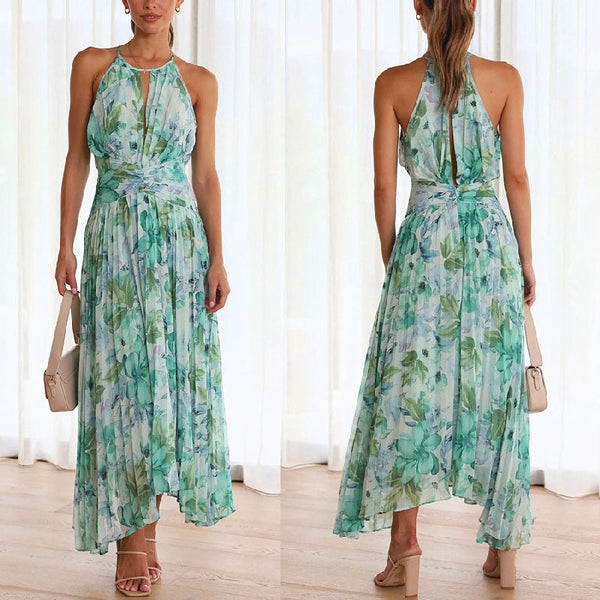 Women's Halter Neck Sleeveless V-Neck Printed Swing Dress