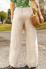 Apricot Linen-Blend Drawstring Waist Loose Pants