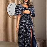 Woman Square-neck Puff Sleeve Top High Waist Slit Polka Dot Printed Dress Suit