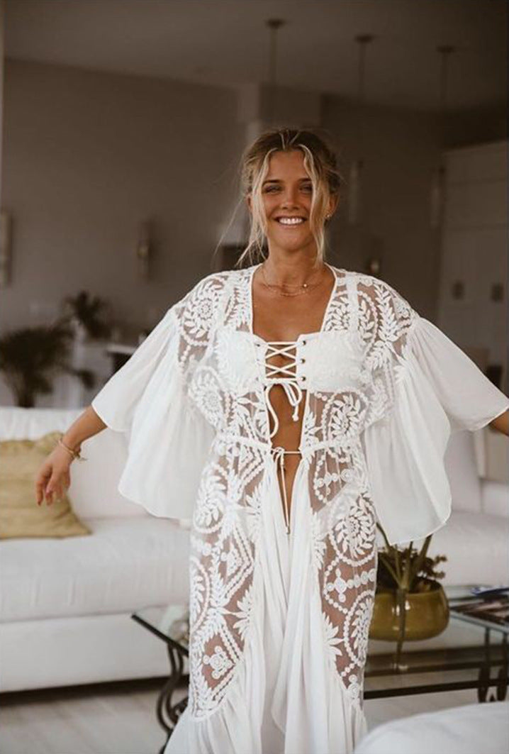 Crochet White Knitted Beach Cover up dress Tunic Long Pareos Bikinis Cover ups Swim Cover up Robe Plage Beachwear