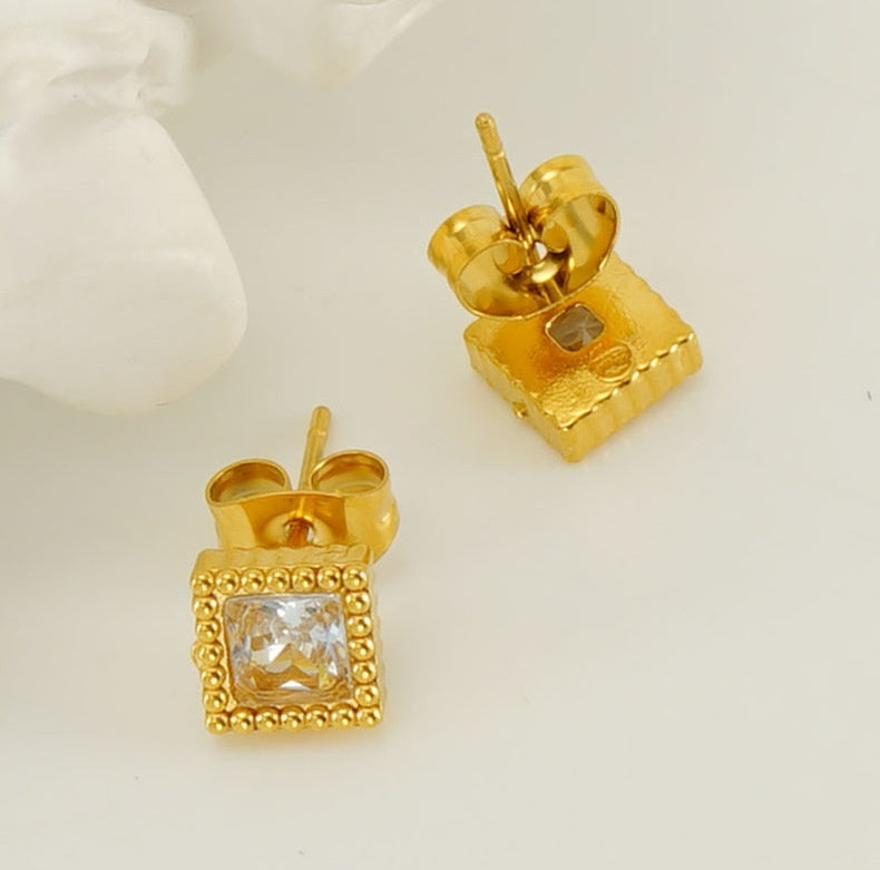 Gold Square Zircon Stud Earrings