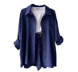 Women's Wrinkled Fabric Lapel Long Sleeved Shirt Shorts Fashion Casual Set