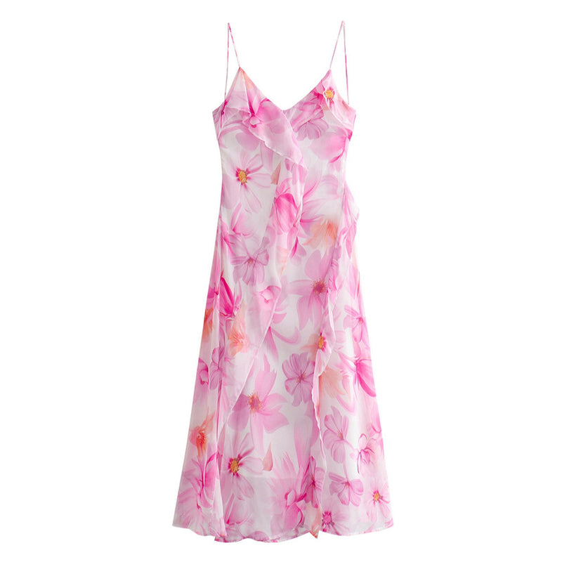 Summer Women's French Sweet Ruffled Flower Print Dress