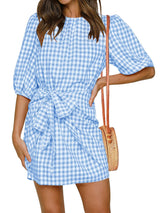 Spring And Summer Plaid Girdle Belt Fold Three-quarter Sleeve Dress Women's Clothing