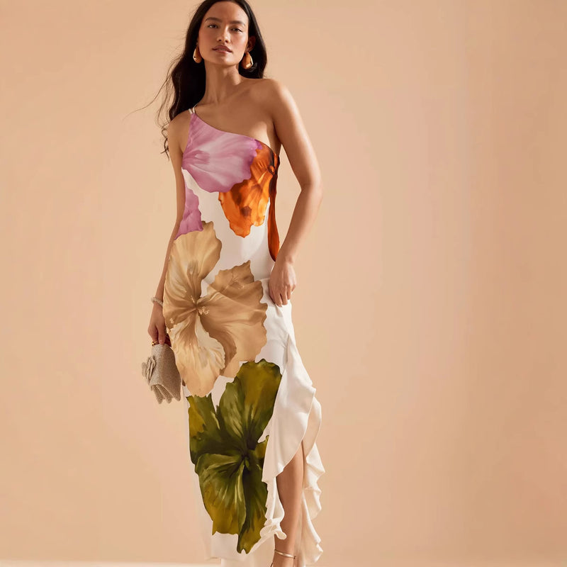 Oblique One Shoulder Ruffle Flower Dress