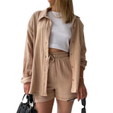 Women's Wrinkled Fabric Lapel Long Sleeved Shirt Shorts Fashion Casual Set