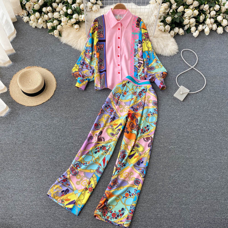 French Retro Print Loose Shirt Trousers Suit