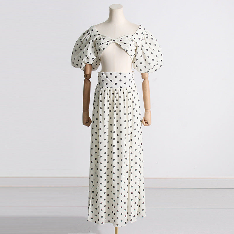 Woman Square-neck Puff Sleeve Top High Waist Slit Polka Dot Printed Dress Suit