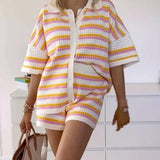 Contrast Color Top Lapel Shirt Striped Shorts Suit