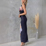 One-shoulder Printed Voile Lace Slim Fit Dress