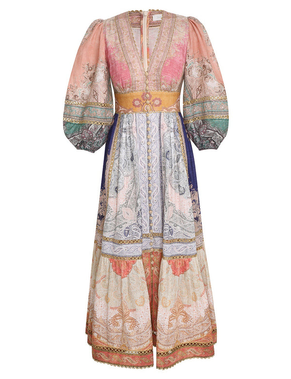 Women's Ethnic Print V Neck Patchwork Dress