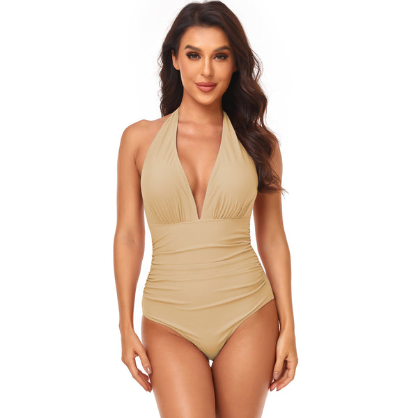 Pleated Neck One-piece Swimsuit