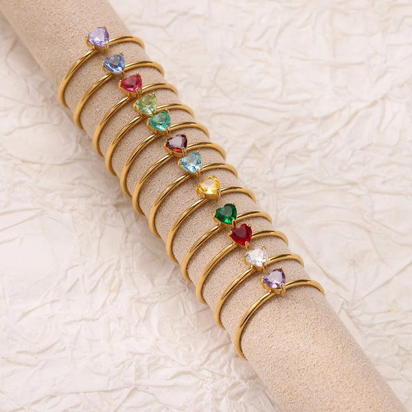 Birthday Stone Ring Titanium Steel Plated 18K Open Adjustable Gold