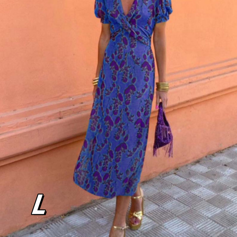 Women's Fashion Color Contrast Printed Long Elegant Slim V-neck Short Sleeve Dress