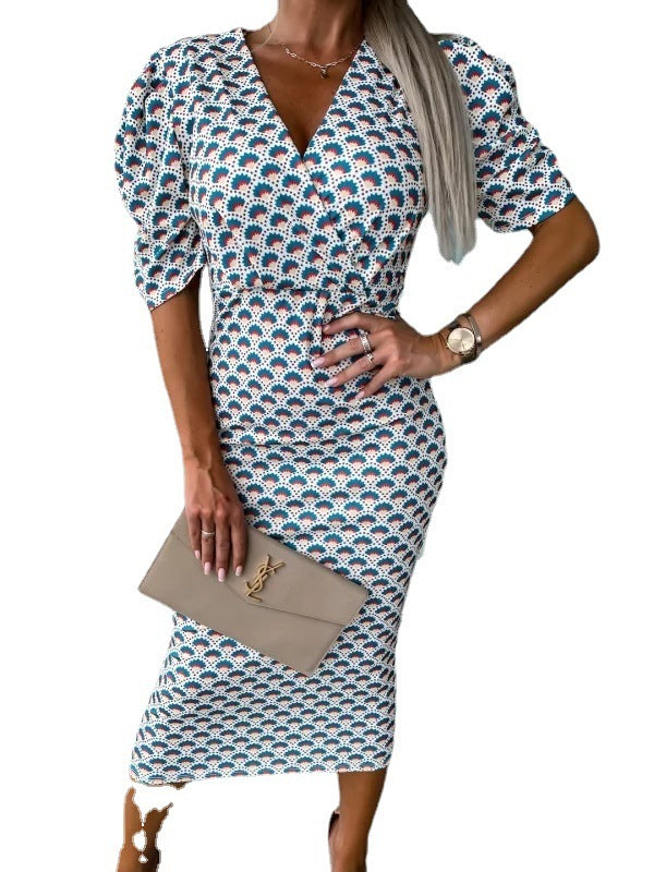 V-neck Short-sleeved Women's Package Hip Print Slim Mid-length Skirt