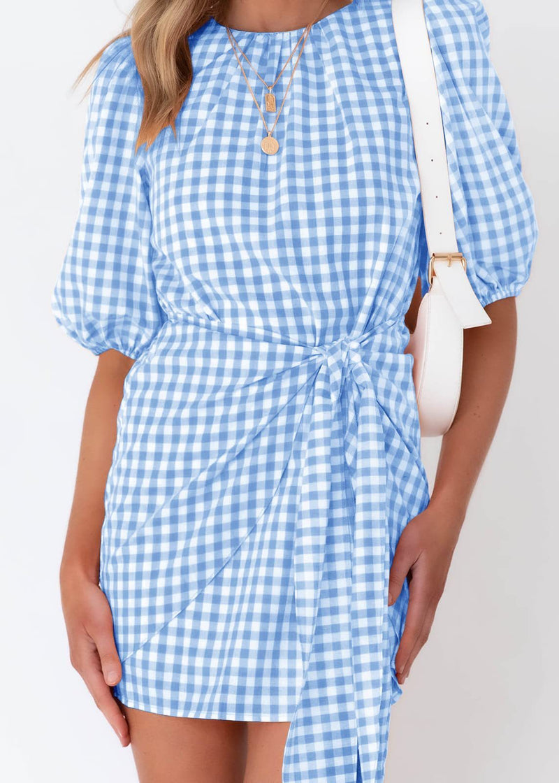 Spring And Summer Plaid Girdle Belt Fold Three-quarter Sleeve Dress Women's Clothing