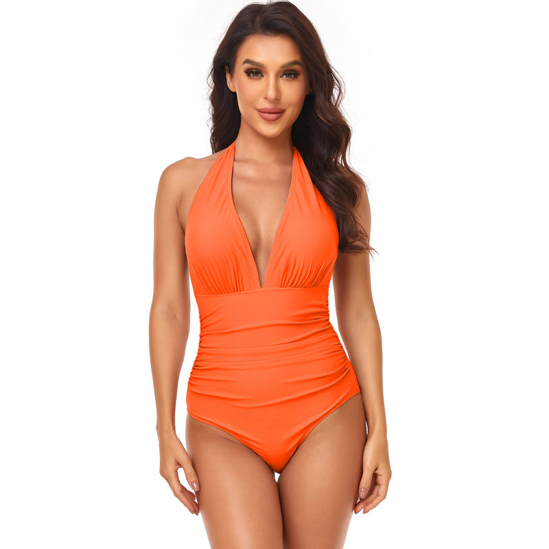 Pleated Neck One-piece Swimsuit