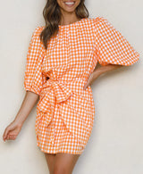 Spring And Summer Plaid Girdle Belt Fold Three-quarter Sleeve Dress Women's Clothing