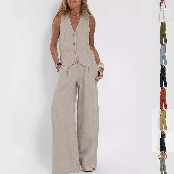 Vest Suits V-neck Botton Sleeveless Top And Loose Straight Trousers Casual Womens Clothing