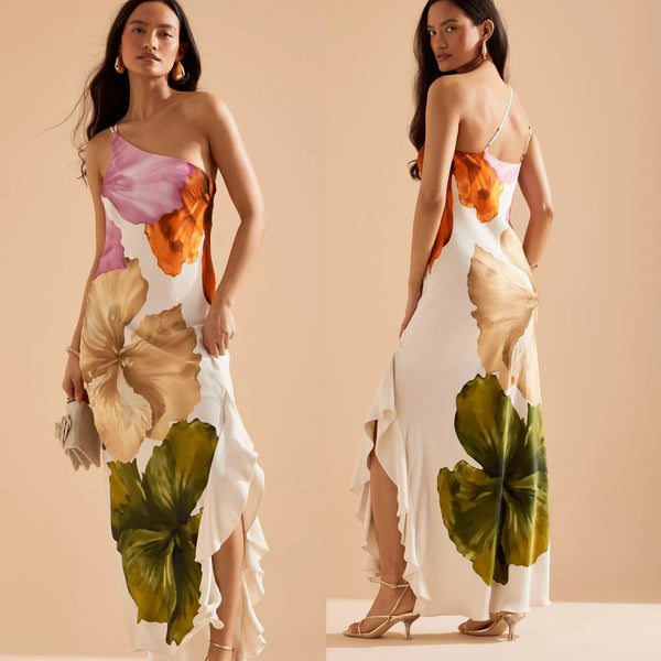 Oblique One Shoulder Ruffle Flower Dress