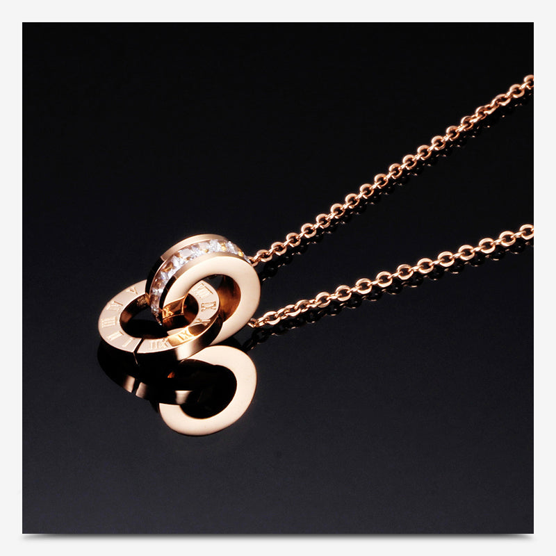 Double Ring Diamond Roman Numeral Necklace