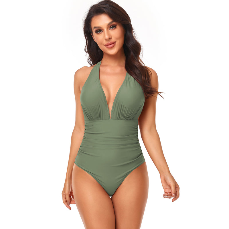 Pleated Neck One-piece Swimsuit