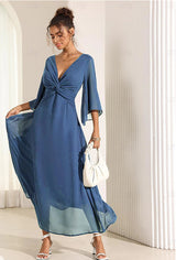 Scarlett|| Solid Color V-neck Bell Sleeve Extra Long Dress