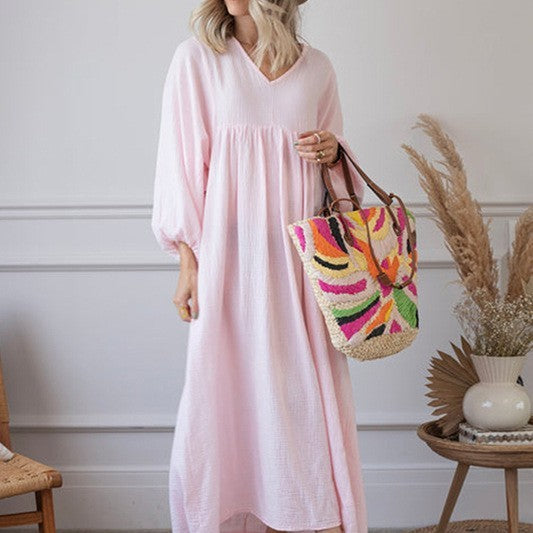 Women's V-neck Loose Lantern Sleeve Dress