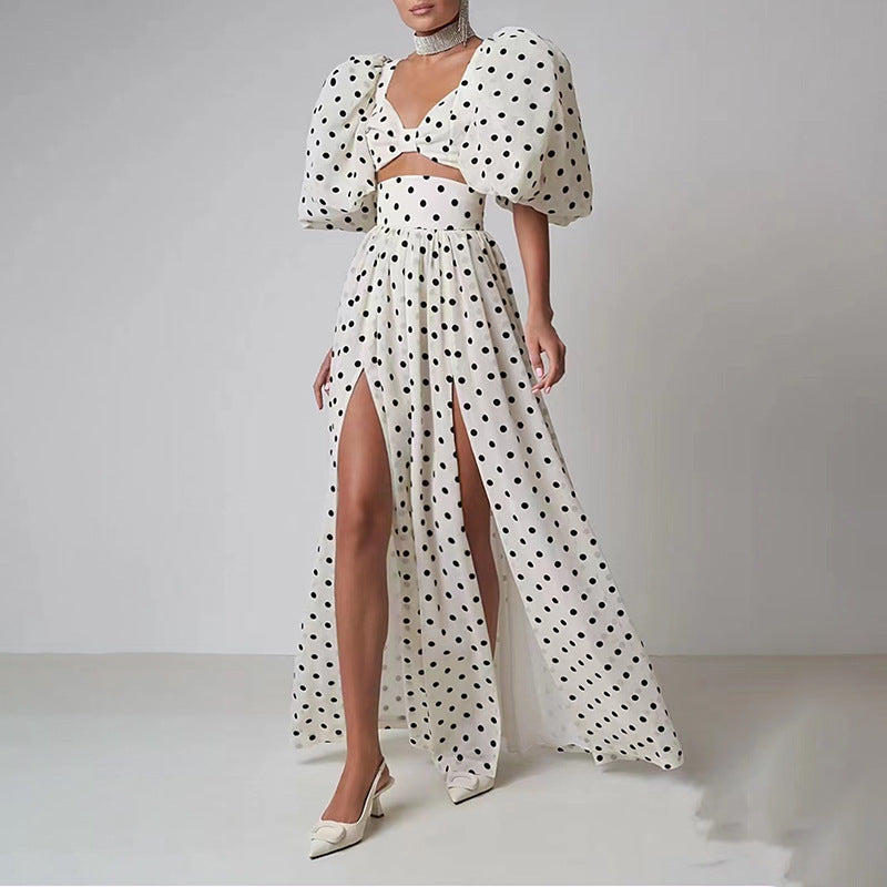 Woman Square-neck Puff Sleeve Top High Waist Slit Polka Dot Printed Dress Suit