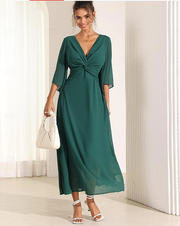 Scarlett|| Solid Color V-neck Bell Sleeve Extra Long Dress